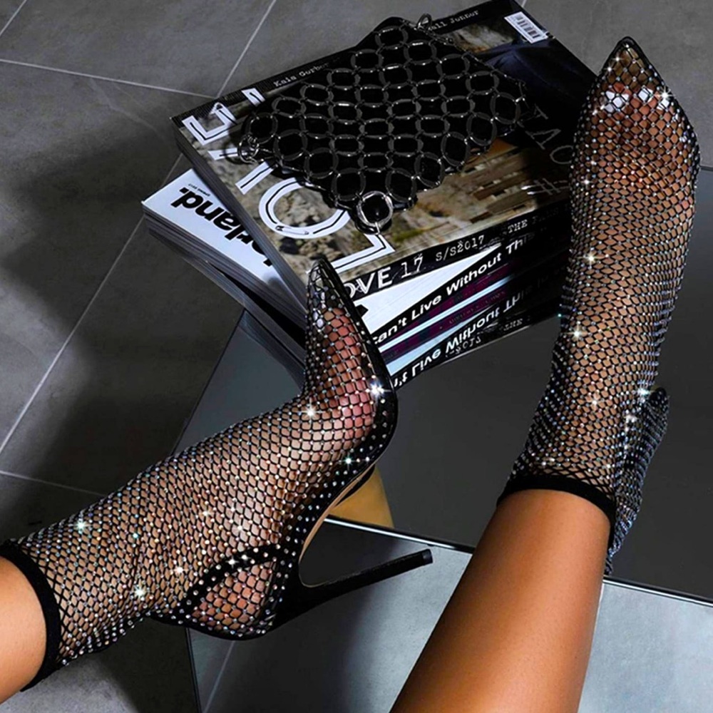 Fishnet Rhinestoned Sock Heeled Sandals